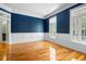 Empty living room with hardwood flooring, blue walls, and natural light at 349 Mentor Rd, Summerville, SC 29483