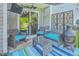 Cozy backyard patio featuring comfortable seating, an outdoor rug, fireplace and sliding glass door at 531 Truman Dr, Goose Creek, SC 29445