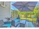 Inviting backyard patio with outdoor seating, stylish umbrella, and a view of the green landscape at 531 Truman Dr, Goose Creek, SC 29445