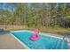Backyard pool with an inflatable flamingo and views of the surrounding trees at 1010 Deep Gap Rd, Ridgeville, SC 29472