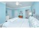 Cozy bedroom featuring a white ceiling fan, blue walls, and white and wooden furnishings at 1022 Basildon Rd, Mount Pleasant, SC 29466