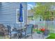 Relaxing patio with a table, chairs, umbrella, and views of the backyard at 110 Angelica Ave, Summerville, SC 29483
