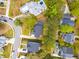 Aerial view showcases a neighborhood with well-manicured lawns, mature trees, and private swimming pools at 1543 Gemstone Dr, Mount Pleasant, SC 29464