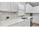 A kitchen sink features white cabinets and quartz countertops with a white backsplash and stainless steel faucet at 204 Honey Horn Dr, Summerville, SC 29486