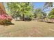 Large backyard features lush greenery, mature trees, and glimpses of the brick home with colorful foliage at 237 Cypress Dr, Walterboro, SC 29488