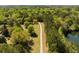 Aerial view showcasing a tree-lined driveway leading to a property surrounded by lush greenery and a pond at 5680 Dixie Plantation Rd, Hollywood, SC 29449