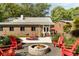 Backyard with patio, fire pit, seating area and lush landscaping provides a relaxing outdoor retreat at 5680 Dixie Plantation Rd, Hollywood, SC 29449