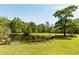 Backyard pond with a dock, surrounded by green lawns, trees and with a tire swing at 5680 Dixie Plantation Rd, Hollywood, SC 29449