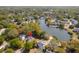 Stunning aerial view of a neighborhood featuring lush trees and a tranquil lake, with select homes having pools at 79 Rivers Point, Charleston, SC 29412