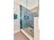 Beautiful glass walk-in shower with rainfall showerhead and eye-catching blue tiles at 1212 Clonmel Pl, Mount Pleasant, SC 29464