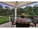Covered patio with a round wooden table, comfortable wicker chairs, and a beautiful view of the lush backyard at 123 Mcdonald Ct, Summerville, SC 29485