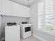 Well-lit laundry room with white front load washer and dryer beneath storage cabinets at 154 Helena Park Dr, Summerville, SC 29486