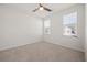 Bright, empty bedroom with neutral carpet, a ceiling fan, and natural light from two large windows at 500 W Respite Ln, Summerville, SC 29483