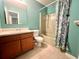 Bathroom with a vanity, toilet, and shower/tub combination with a shower curtain at 1009 Highland Pines Rd, Ladson, SC 29456