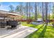 Well-manicured backyard with above-ground pool, shed, wood fence and mature trees at 149 Caleb Ct, Ladson, SC 29456