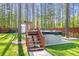 Backyard featuring shed, above-ground pool with deck, and privacy fence at 149 Caleb Ct, Ladson, SC 29456