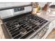 Close-up on modern stainless steel gas stovetop with granite countertops, ideal for cooking gourmet meals at 149 Caleb Ct, Ladson, SC 29456