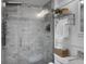 Modern bathroom showcasing a glass shower with marble tile and rainfall shower head at 1603 Ventura Pl, Mount Pleasant, SC 29464