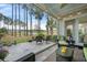 Inviting screened-in porch showcasing comfortable seating and serene views of the backyard pond at 332 Fish Creek Ct, Summerville, SC 29486