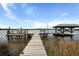 Picturesque view of a private wooden dock extending into the water with a covered boat lift and ample space for water activities at 5703 St Angela Dr, North Charleston, SC 29418