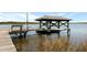 Close-up of a private wooden dock with a covered boat lift, showcasing the tranquil waterfront setting at 5703 St Angela Dr, North Charleston, SC 29418