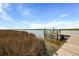 Scenic view of a private wooden dock extending into the calm water, surrounded by natural marshland and a clear blue sky at 5703 St Angela Dr, North Charleston, SC 29418