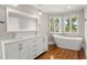 Bright bathroom featuring double sinks, a soaking tub, and scenic outdoor views at 642 Harbor Creek Pl # 21, Charleston, SC 29412