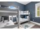 Bunk beds inside bedroom with blue walls, hardwood floors, rug, and outside view at 162 Spring St # D, Charleston, SC 29403