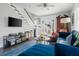 Cozy living room featuring a comfortable blue couch, stairs, and stylish decor at 162 Spring St # D, Charleston, SC 29403