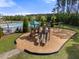 Aerial view of community playground area with slides, swings, and shaded seating at 321 Sanctuary Park Dr, Summerville, SC 29486