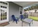 Screened in porch featuring gray siding, blue Adirondack chairs, and an outdoor table at 504 Foxbank Plantation Blvd, Moncks Corner, SC 29461