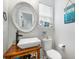 Cozy powder room with wood vanity, vessel sink, and nautical themed décor at 133 Hanahan Plantation Cir, Hanahan, SC 29410