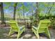 Relaxing backyard setting with lime green Adirondack chairs gathered around a fire pit at 23 Hunters Forest Dr, Charleston, SC 29414
