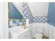 Stylish bathroom with blue crane wallpaper, a mirror, and a white sink at 2455 The Bent Twig, Seabrook Island, SC 29455