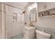 Bathroom with white vanity, walk-in shower with subway tiles and seafoam green flooring at 45 Lyttleton Ave, Charleston, SC 29407