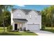 Charming two-story home with white siding, black door, covered porch, and attached two-car garage at 596 Red Monarch Way, Moncks Corner, SC 29461