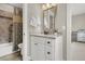 Bathroom featuring tile flooring, granite counters, vanity, and a shower with a curtain at 1531 Capel St, Mount Pleasant, SC 29466