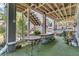Covered patio with a table, potted plants, and surfboards underneath the elevated structure at 1595 Teal Marsh Rd, Charleston, SC 29412