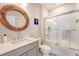 Stylish bathroom with a vanity, patterned floor, and a shower/tub combination with glass doors at 1755 Bolden Dr, Mount Pleasant, SC 29466