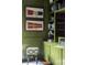 Stylish built-in shelving in a living room with green walls and a patterned ottoman at 2407 Atlantic Ave, Sullivans Island, SC 29482