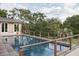 Tranquil pool with a safety fence surrounded by lush greenery and a charming pool house at 2407 Atlantic Ave, Sullivans Island, SC 29482