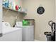 Bright laundry room with washer, dryer, storage shelves, and charming laundry room decor at 328 Bradley Bend Dr, Moncks Corner, SC 29461