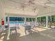 View of the pool house, pool, tables, chairs, and surrounding trees at 427 W Respite Ln, Summerville, SC 29483