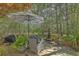 A beautiful stone patio features an umbrella, potted plants, grill, and a charming outdoor decor at 5950 Lowell Reed Rd, Ravenel, SC 29470