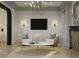 Cozy living room with a stylish fireplace, comfortable seating, and modern chandelier at 8 Homel Pl, Charleston, SC 29403