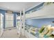 Bright bunk room featuring built-in beds, a white ladder, and blue wood paneled walls at 21 Morgan Place Dr, Isle of Palms, SC 29451