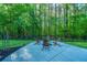 Backyard patio features a modern fire pit and stylish Adirondack chairs surrounded by lush landscaping at 2668 Private Lefler Dr, Johns Island, SC 29455