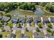 Aerial view of houses along a street, showcasing well-manicured lawns, mature trees, and access to a lake at 3133 Cold Harbor Way, Charleston, SC 29414