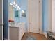 Cozy bathroom with a white vanity, a brightly lit mirror, and blue walls at 34 Smith St, Charleston, SC 29401