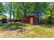 Features a red metal storage shed with a single door in a well-maintained backyard at 523 Bayshore Blvd, Goose Creek, SC 29445